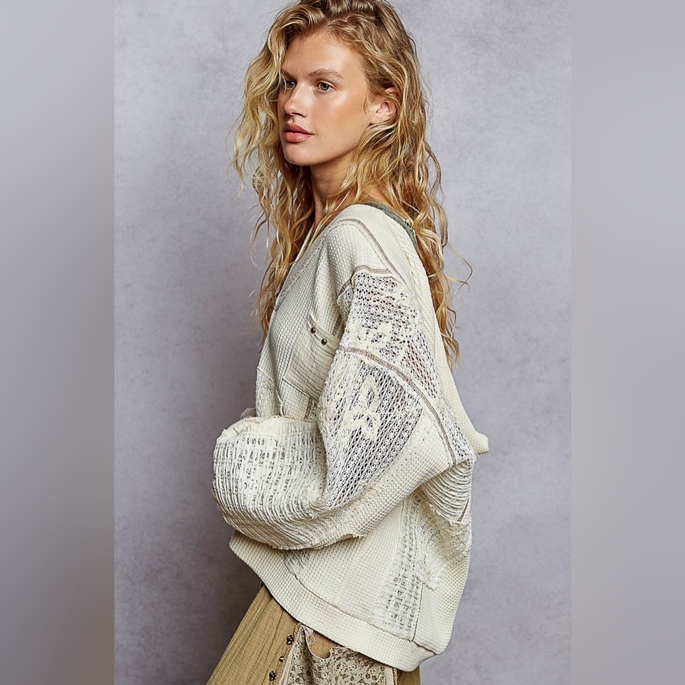 ⚡️ POL “ Cottage Charm “ Patchwork Cadigan Thermal Hoodie Cardigan | Cream - Picture 4 of 9